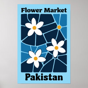 Poster Marché aux fleurs du Pakistan Jasmin et bleu - Œuv