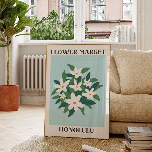Poster Marché aux fleurs Honolulu blanc Jasmine Floral (In situ Living room)