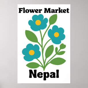 Poster Marché de fleurs du Népal Fleur Teal & Feuille Ver