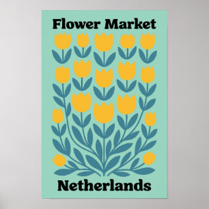 Poster Marché de fleurs Hollande Pays-Bas Tulipes Jaunes