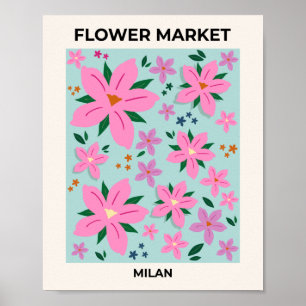 Poster Marché Fleur Milan Rose Et Turquoise Floral