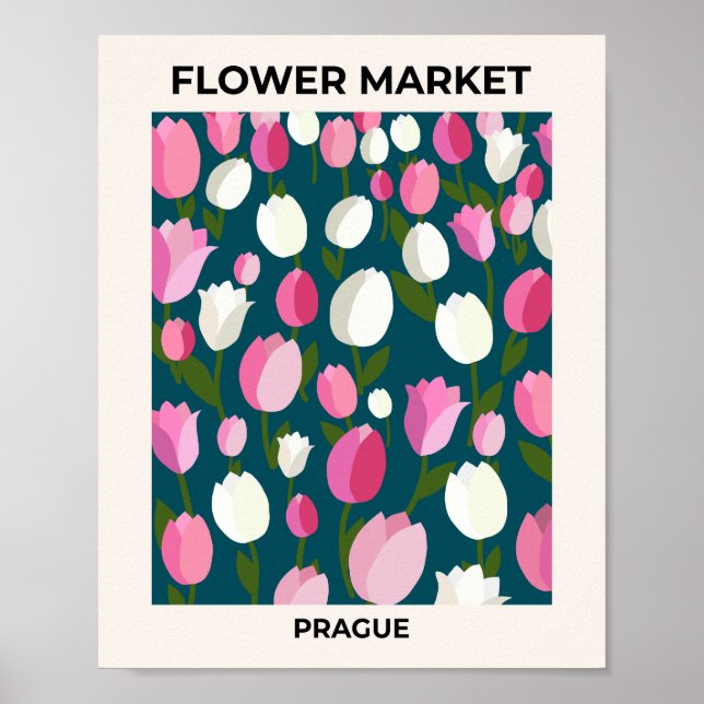 Poster Marché Fleur Prague Tulips Marine Bleu Et Rose (Devant)