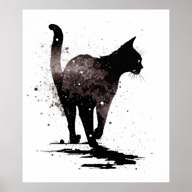 Poster Marcher Chat Silhouette Noir sur Blanc (Devant)