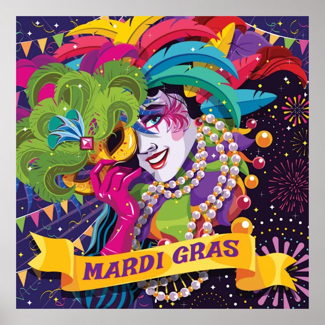 Poster Mardi Gras Coloré Masqué (Devant)