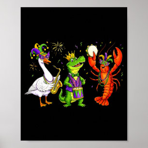 Poster Mardi Gras drôle d'oie alligator écrevisses carnav