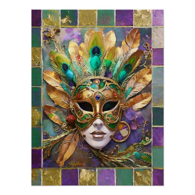 Poster Mardi Gras Gold et vert Peacock Feature Masque (Devant)