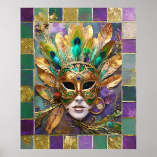 Poster Mardi Gras Gold et vert Peacock Feature Masque