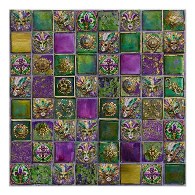 Poster Mardi Gras Masques Plumes Fleur de lis Carreaux Im (Devant)