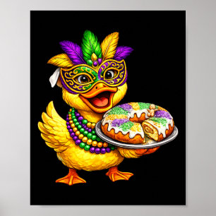 Poster Mardi Gras poussin jaune caneton masque roi gâteau