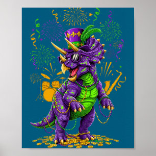 Poster Mardi grawr t-rex dino mardi gras avec lunettes de