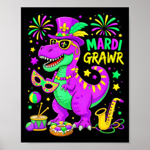 Poster Mardi Grawr T-rex Dino Mardi Gras Dinosaure Perles