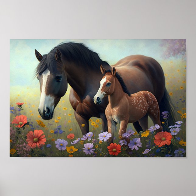 Poster Mare et poulain dans un champ de fleurs (Devant)