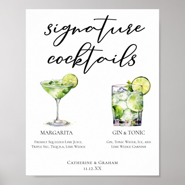 Poster Margarita Gin & Tonic Signature Cocktails Menu (Devant)
