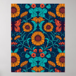 Poster Marguerites Art Nouveau en bleu et jaune