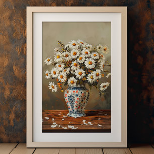 Poster Marguerites blanches dans un vase oriental peint à