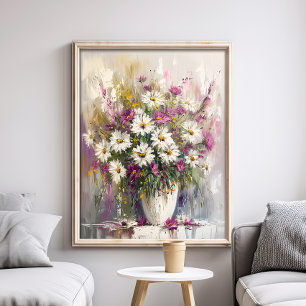 Poster Marguerites peintes à la gouache violette et blanc