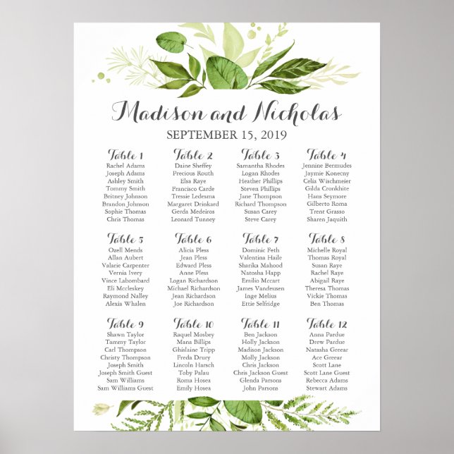 Poster Mariage à feuilles vertes, Vert rustique (Devant)