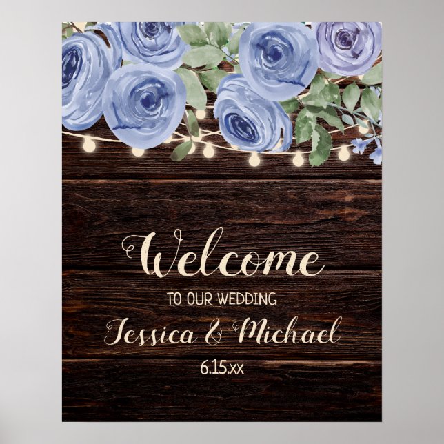 Poster Mariage Accueil Bois rustique Bleu Floral String (Devant)