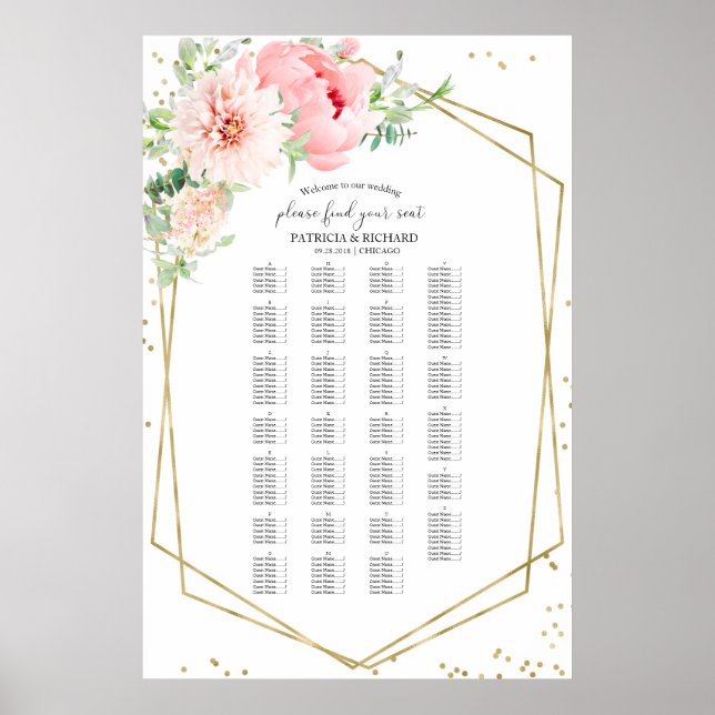 Poster Mariage alphabétique Diagramme de siège Blush Flor (Devant)