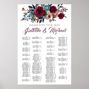 Poster Mariage alphabétique floral rouge foncé