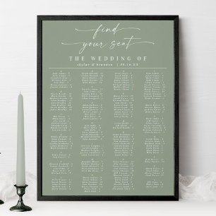 Poster Mariage Alphabétique Vert Feuille Carte de siège