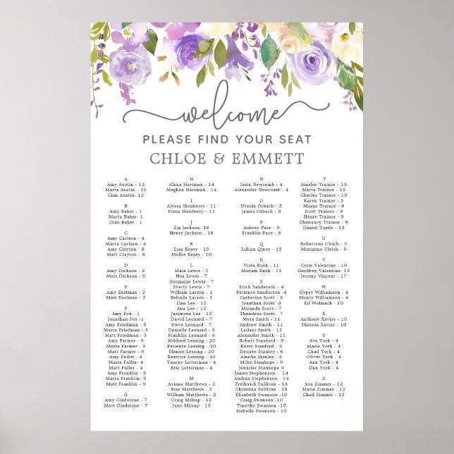 Poster Mariage Alphabétique Violet Floral (Devant)