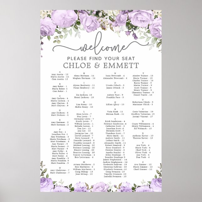 Poster Mariage Alphabétique Violet Floral (Devant)