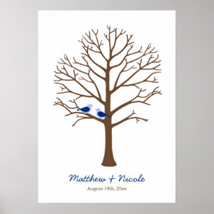 Poster Mariage Arbre Empreinte Doigts Oiseaux Brun Bleu M