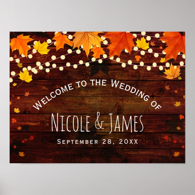 Poster Mariage Automnal Rustique en Bois et Guirlandes Lu (Devant)