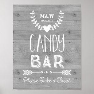 Poster Mariage Barre de bonbons Signaler Bois Coeurs Flèc