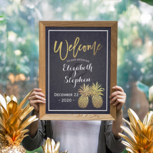 Poster Mariage Bienvenue Ananas Golden Couple Marine Bleu