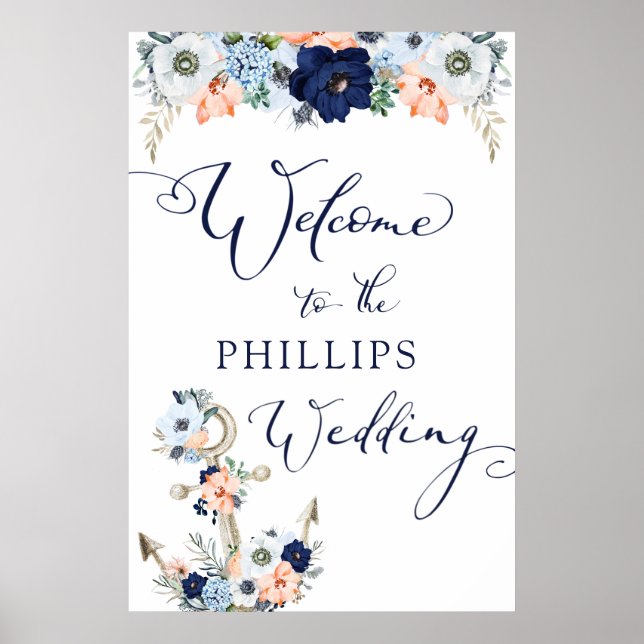 Poster Mariage Bienvenue Ancre florale nautique (Devant)