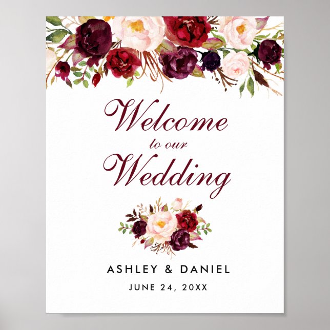 Poster Mariage Bienvenue Aquarelle Florale Bourgogne (Devant)