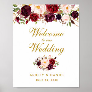 Poster Mariage Bienvenue Aquarelle Florale Bourgogne Or