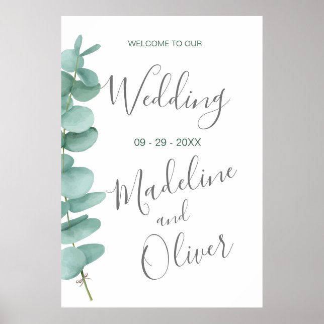 Poster Mariage Bienvenue Eucalyptus Feuilles Simple Vert (Devant)