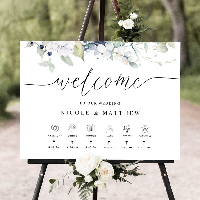 Poster Mariage Bienvenue, Timeline Blanc Bleu Floral Sign (Créateur téléchargé)