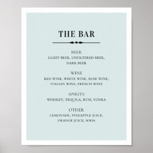 Poster Mariage bleu élégant. Bar à boissons alcoolisées s
