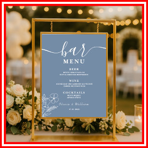 Poster Mariage Bleu Poussiéreux   Menu du Bar aux Fleurs 