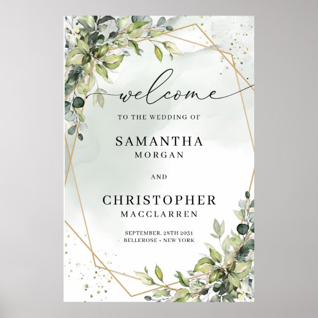 Poster Mariage branché Boho eucalyptus cadre or bienvenue (Devant)
