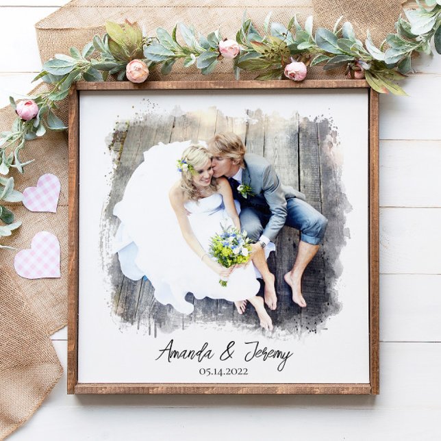 Poster Mariage Couple Aquarelle Photo Noms de conservatio (Créateur téléchargé)