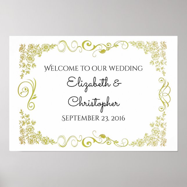 Poster Mariage D'Accueil Avec Design Floral Or (Devant)