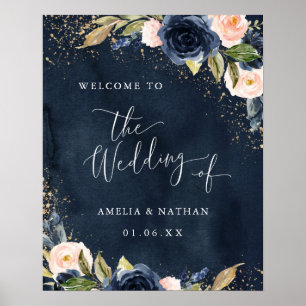Poster Mariage d'accueil Floral Gold Navy