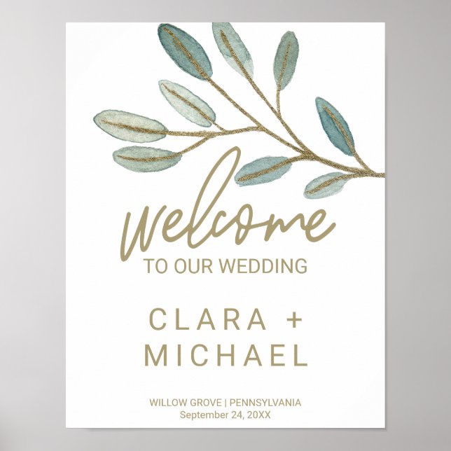 Poster Mariage d'accueil Gold Veine Eucalyptus (Devant)