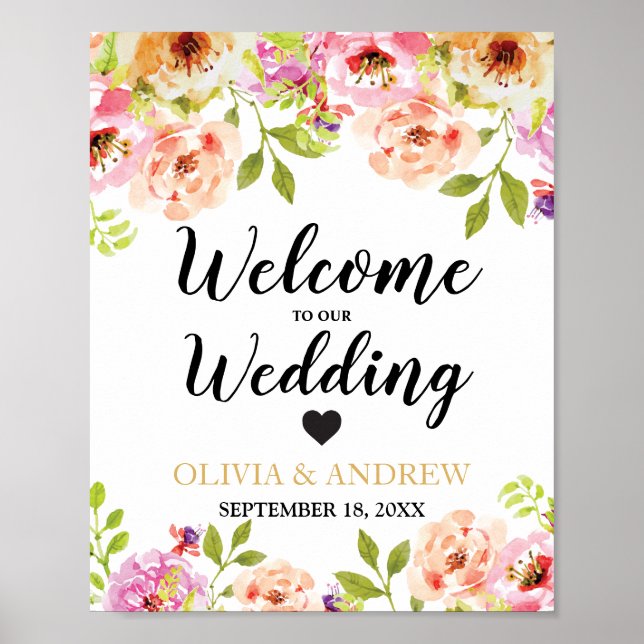 Poster Mariage d'accueil Orange rose Aquarelle Florale | (Devant)