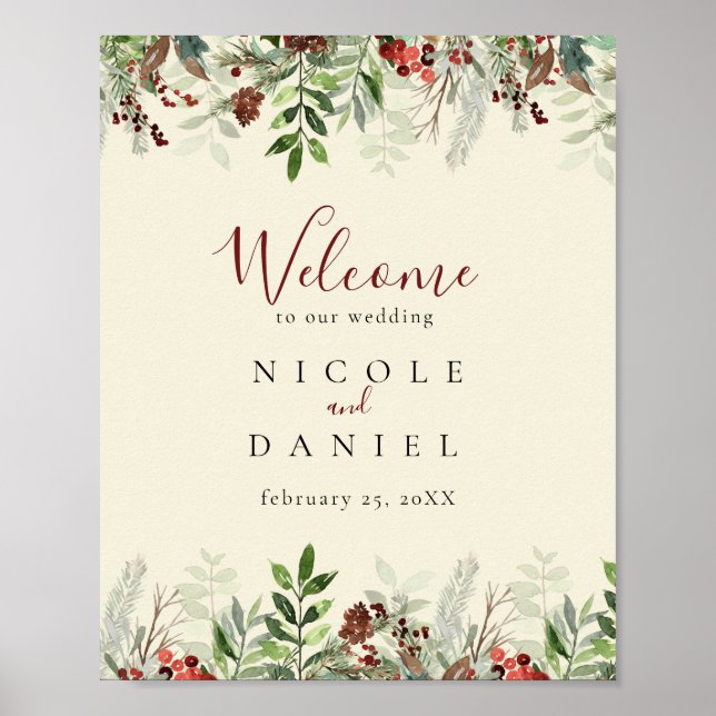 Poster Mariage d'accueil | Symbole d'hiver Berry (Devant)