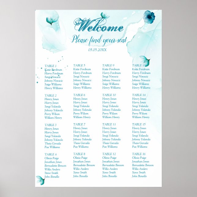 Poster Mariage d'aquarelle bleu floral (Devant)