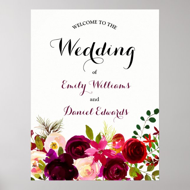 Poster Mariage d'aquarelle florale Boho rouge Bourgogne (Devant)