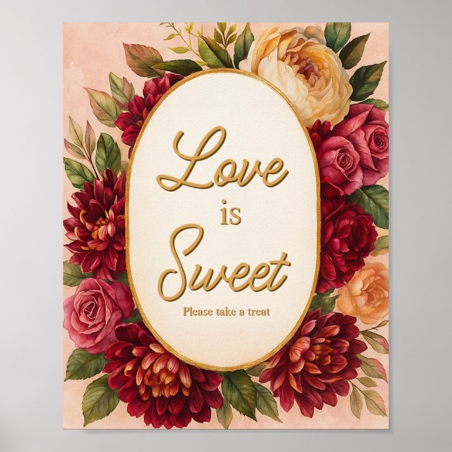 Poster Mariage d'aquarelle florale de Bourgogne (Devant)