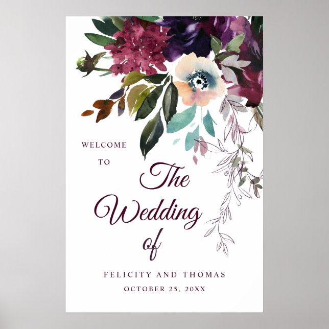 Poster Mariage d'aquarelle florale de Bourgogne Bienvenue (Devant)