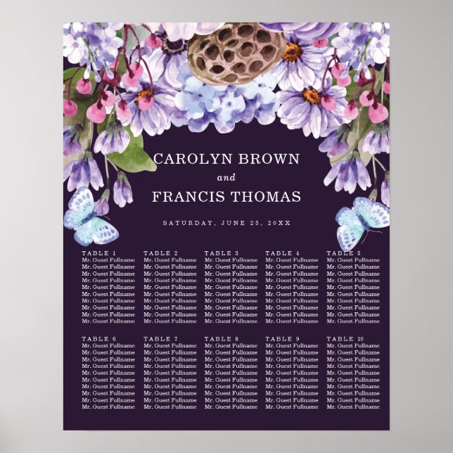 Poster Mariage d'aquarelle florale violet | Cartes de siè (Devant)